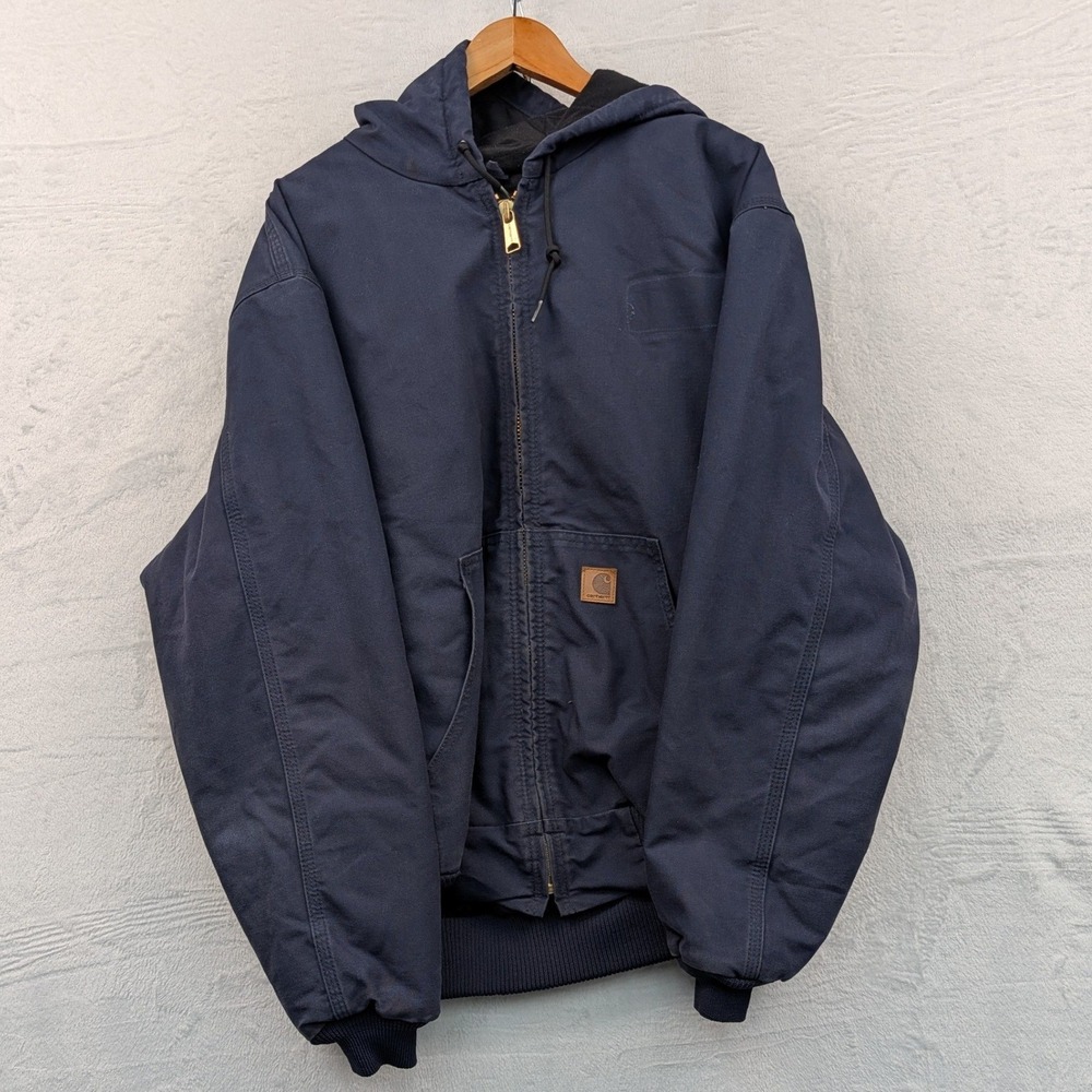 Carhartt 376-20 Jacket Men's XL Navy Blue J130 Style Hooded Quilt Lined Workwear